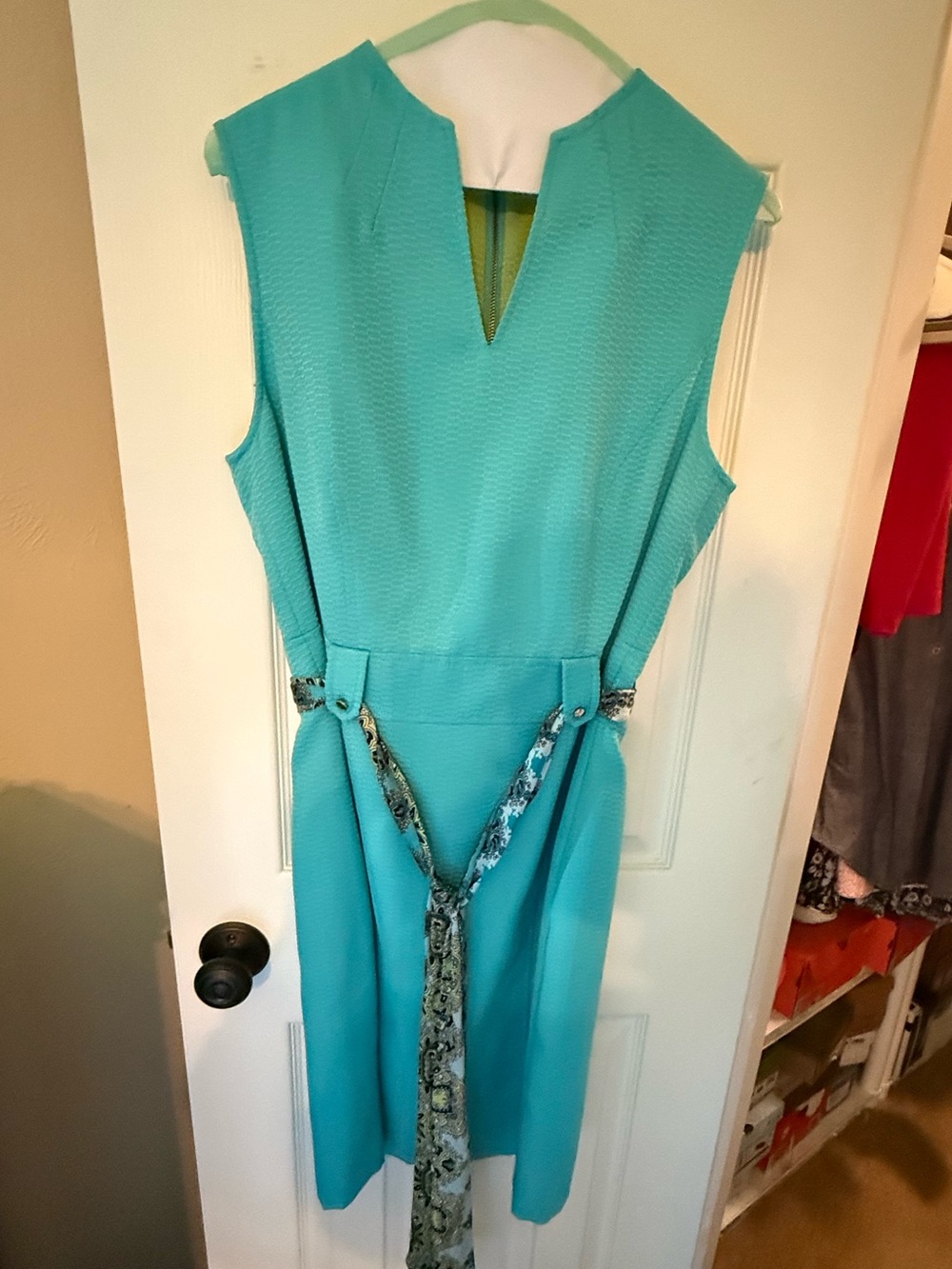 Tahari Sleeveless Aqua Sheath Dress with Belt paired with Lime Jacket